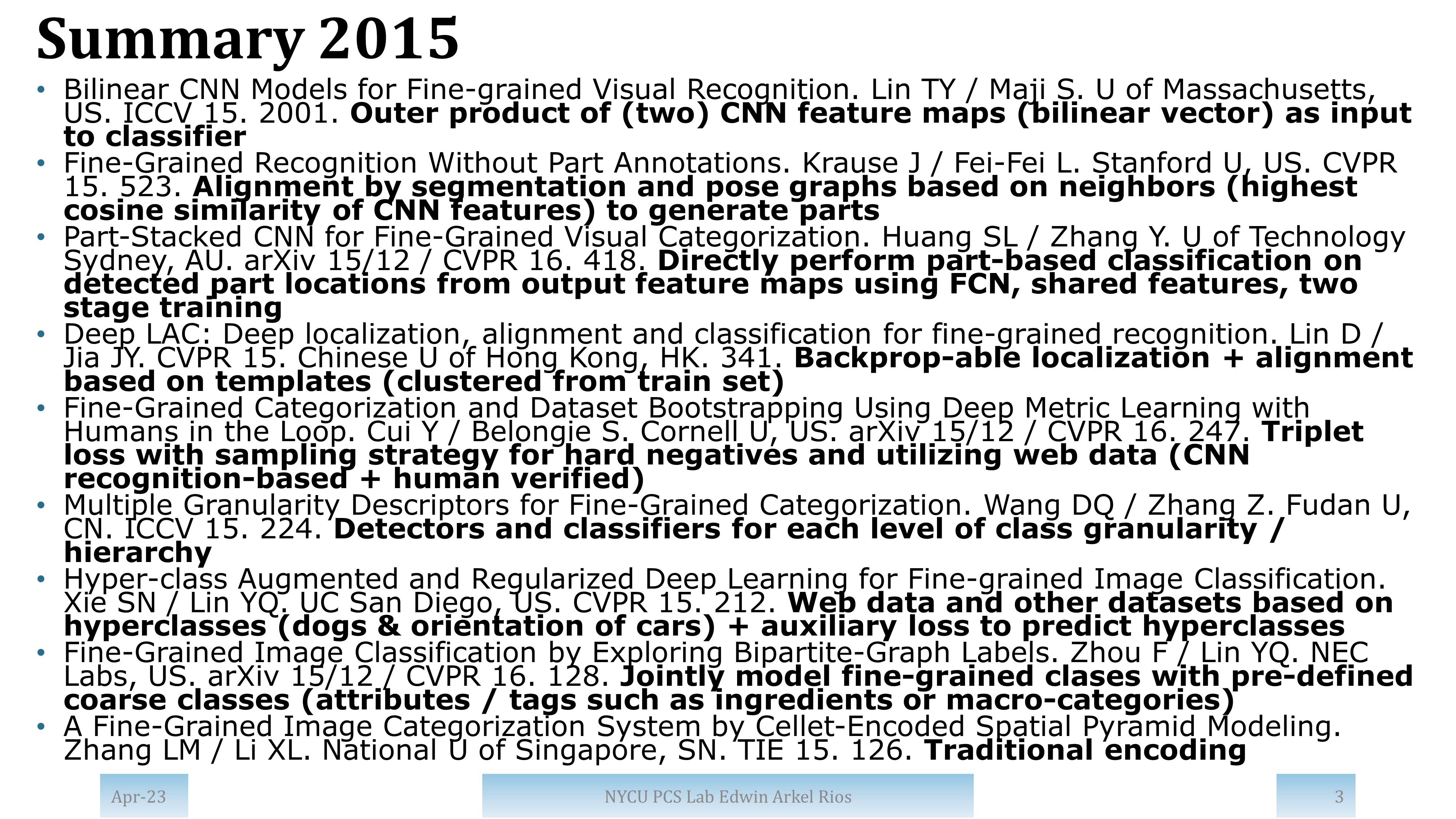 Summary of papers from 2015 with high impact and/or from top publication venues