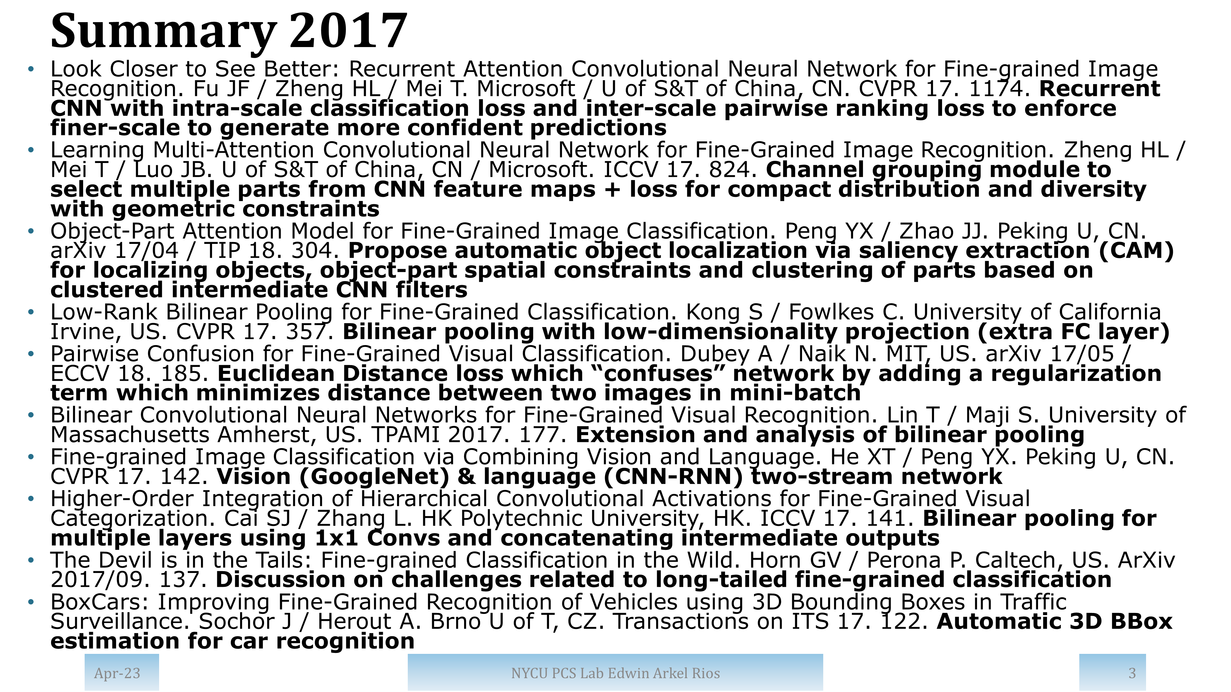 Summary of papers from 2017 with high impact and/or from top publication venues