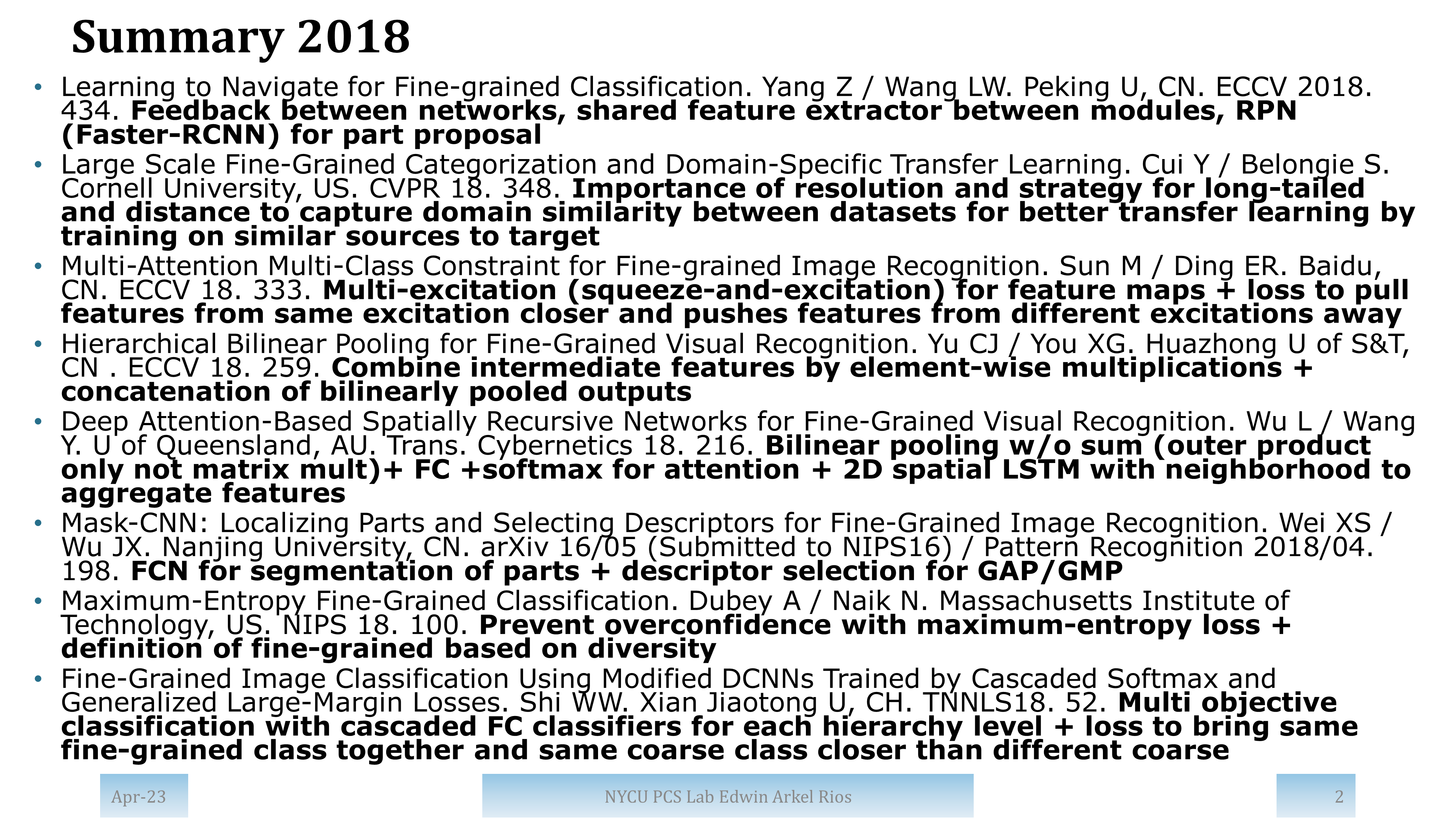 Summary of papers from 2018 with high impact and/or from top publication venues