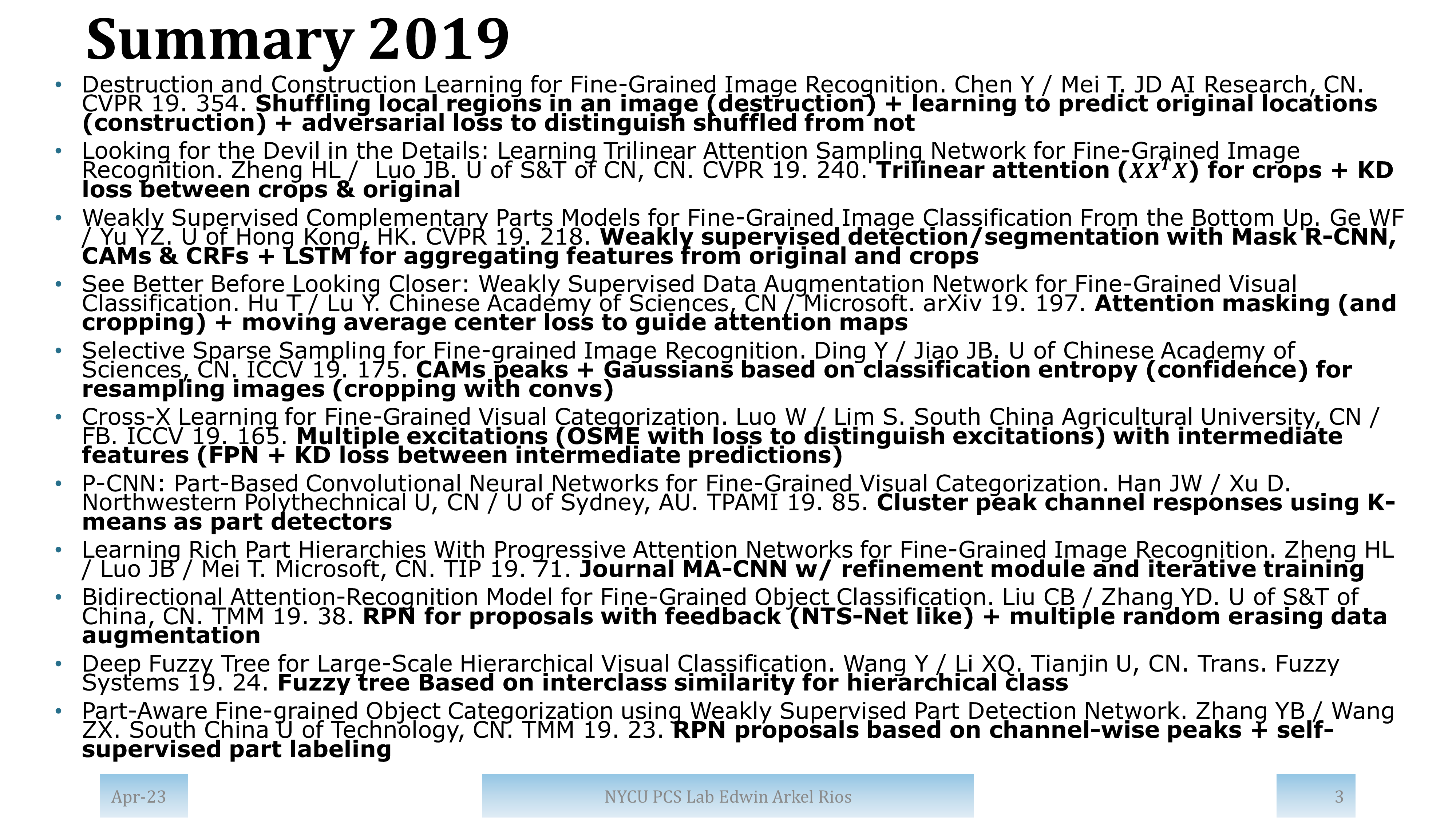 Summary of papers from 2019 with high impact and/or from top publication venues