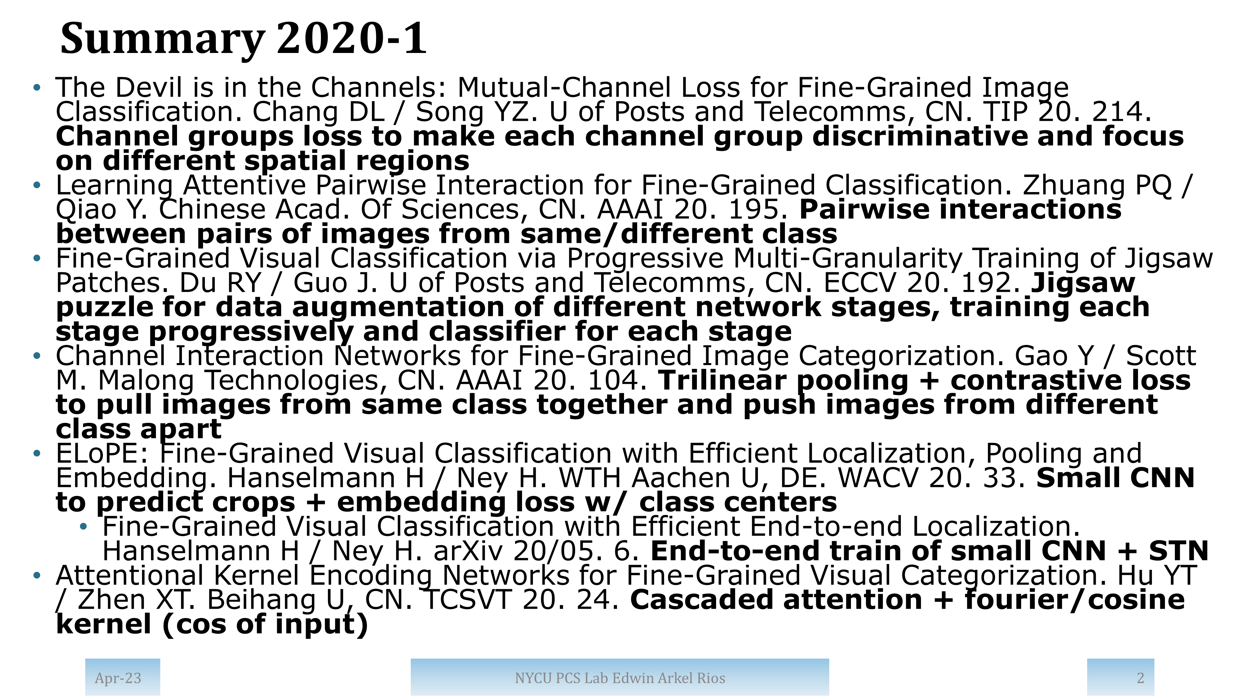 Summary of papers from 2020 with high impact and/or from top publication venues