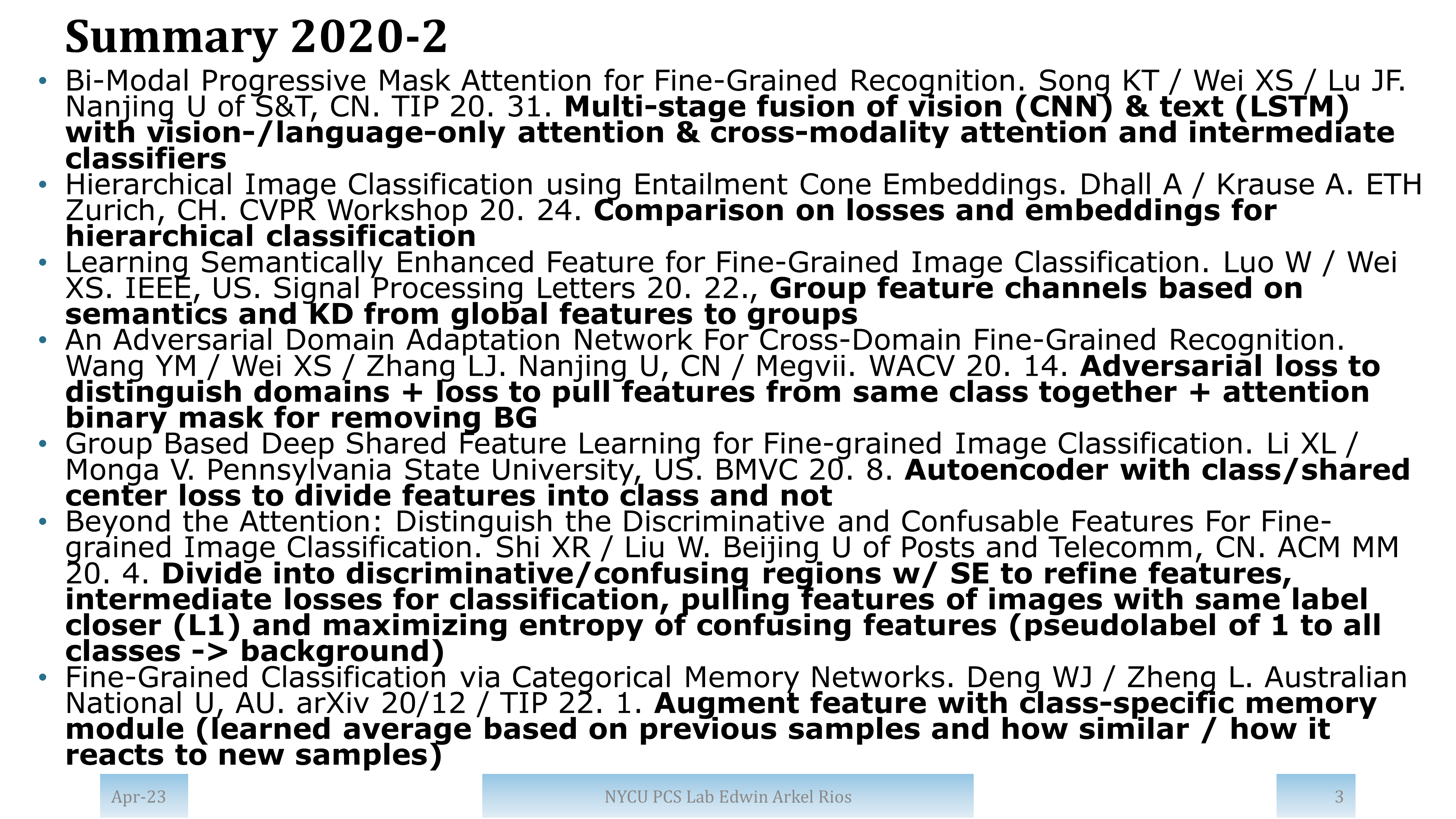 Summary of papers from 2020 with high impact and/or from top publication venues