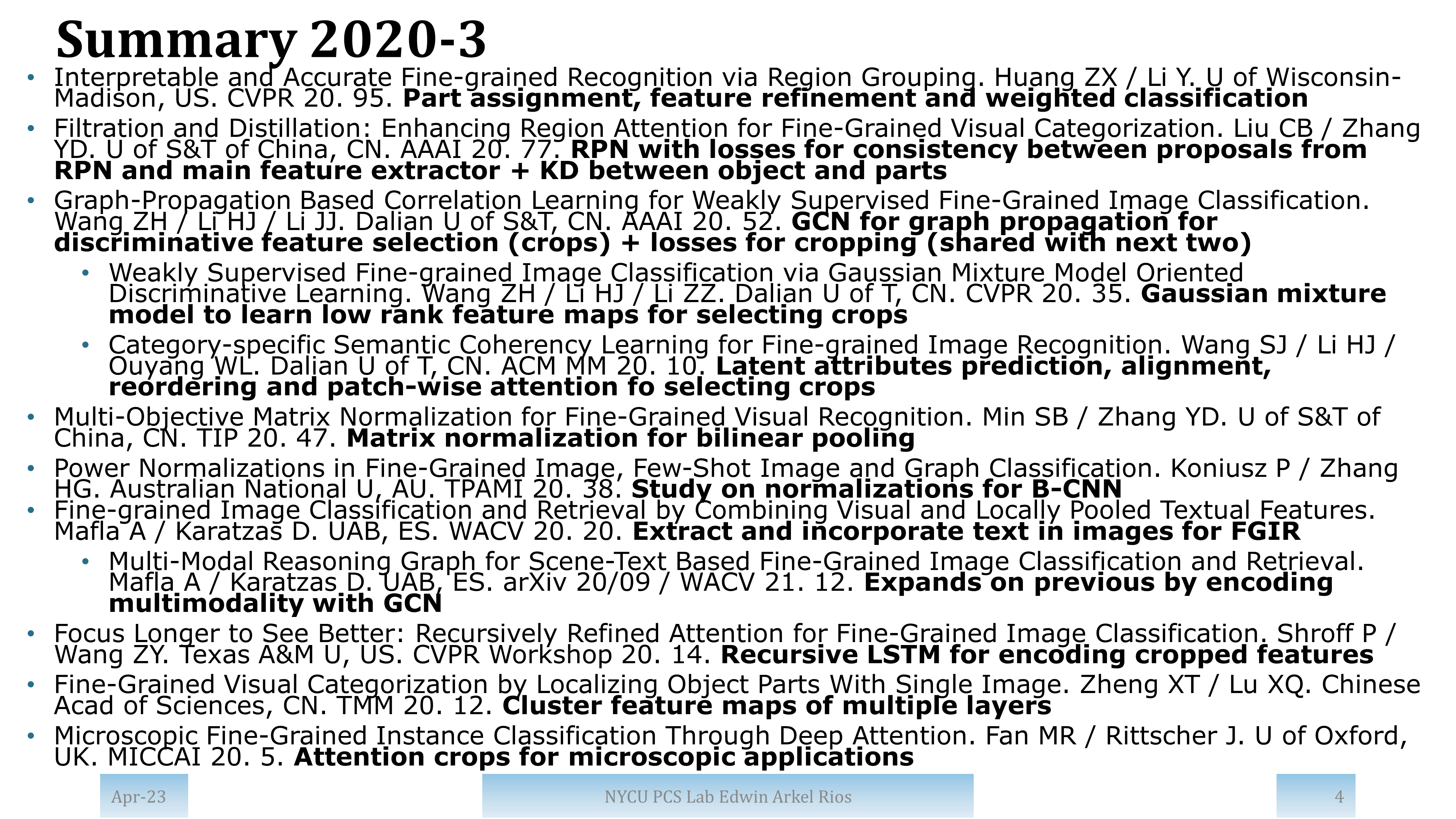 Summary of papers from 2020 with high impact and/or from top publication venues