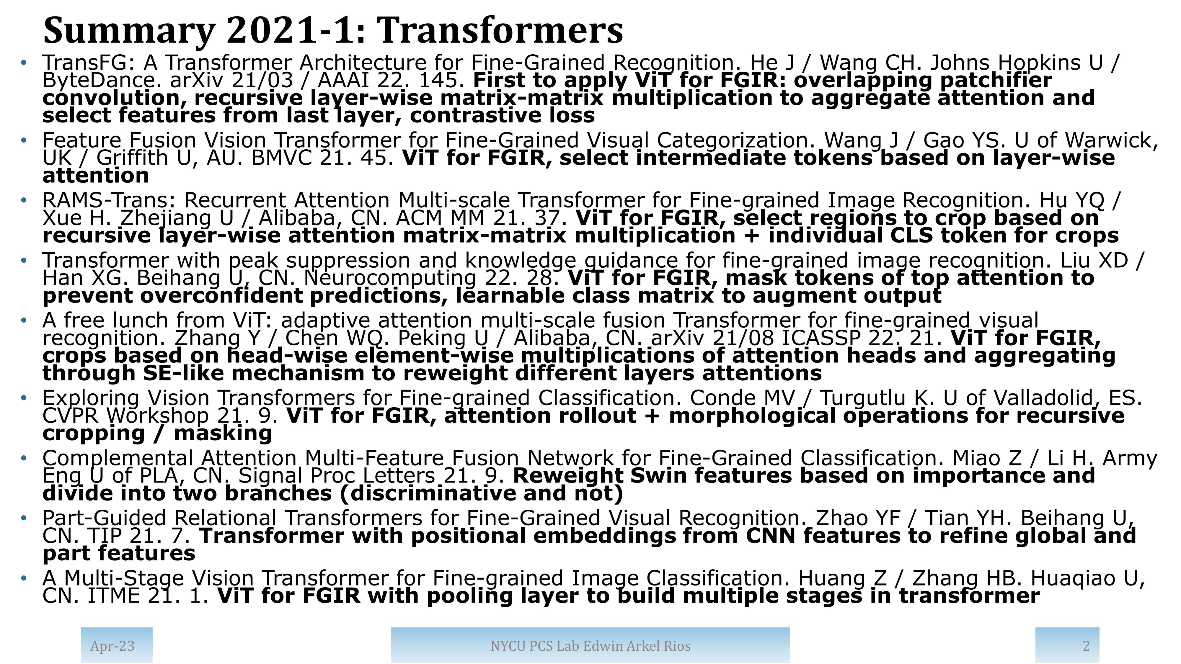 Summary of papers from 2021 with high impact and/or from top publication venues