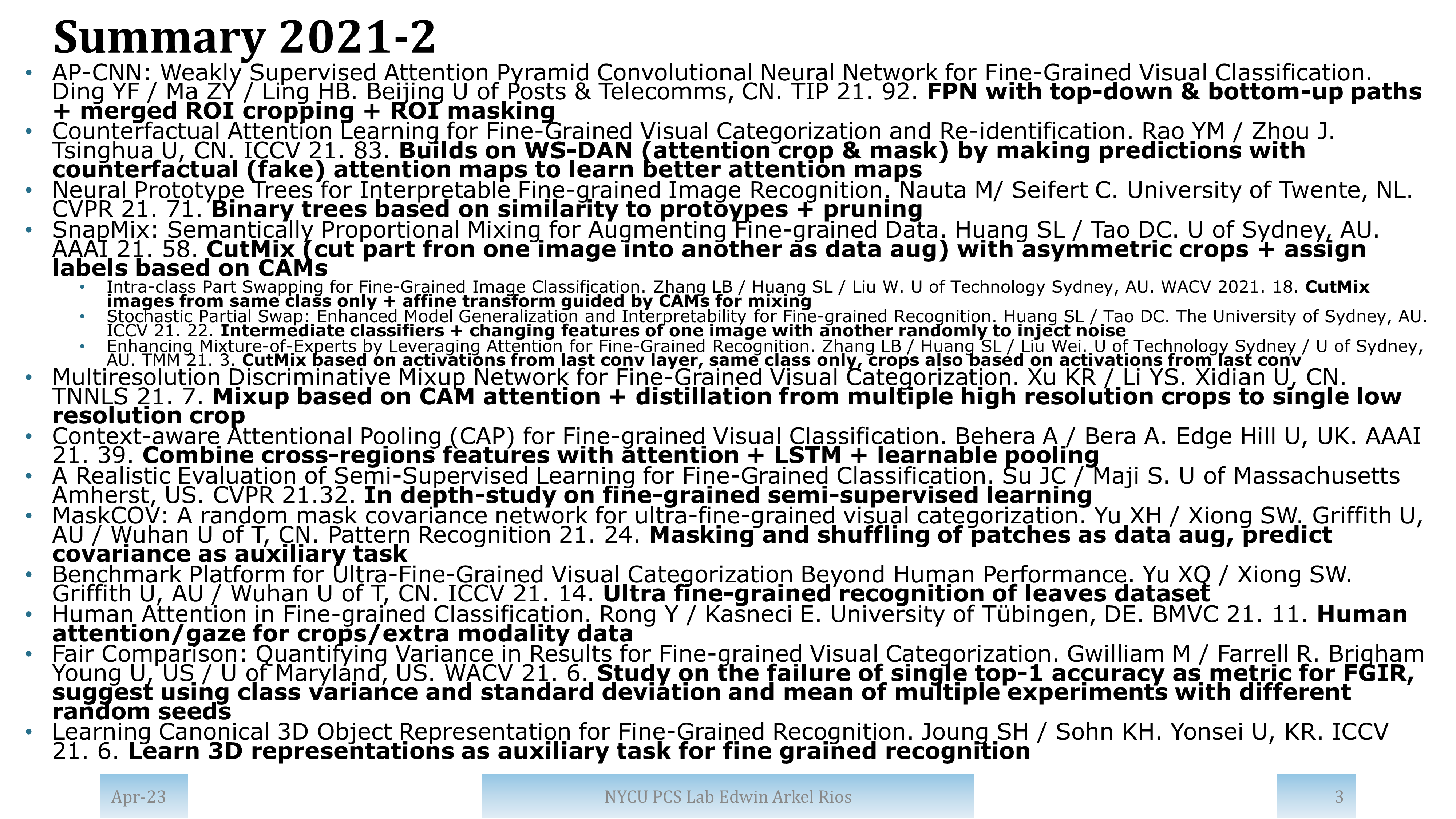 Summary of papers from 2021 with high impact and/or from top publication venues