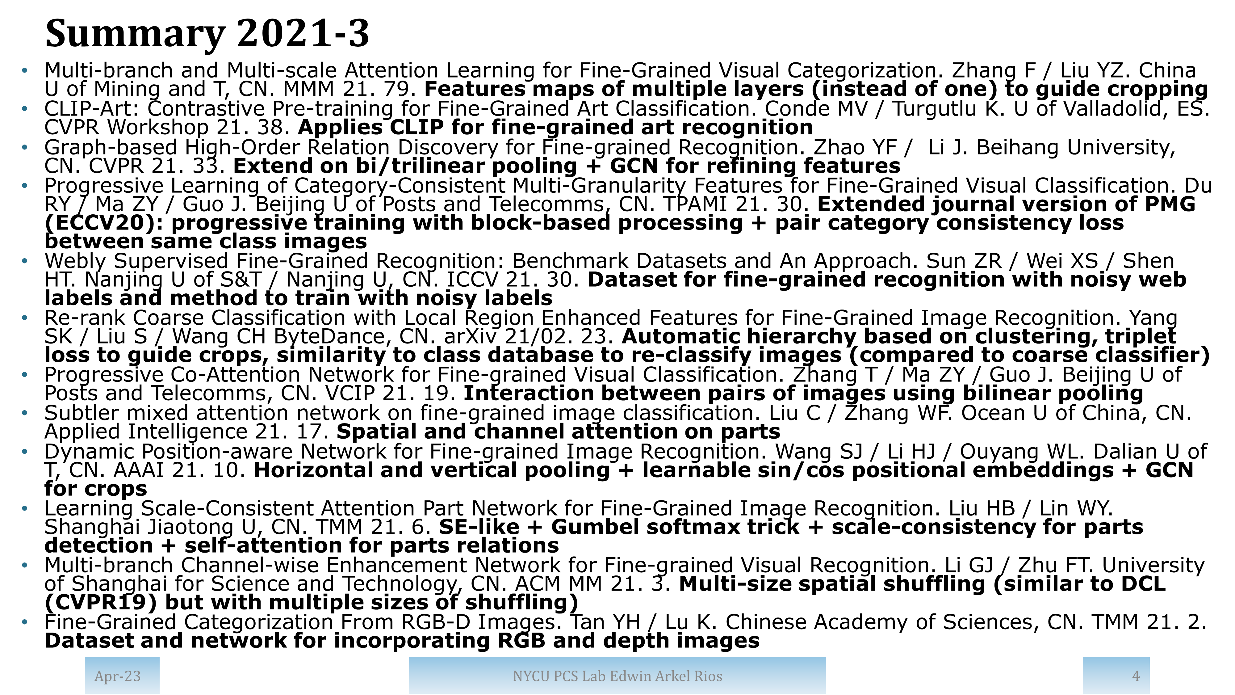 Summary of papers from 2021 with high impact and/or from top publication venues