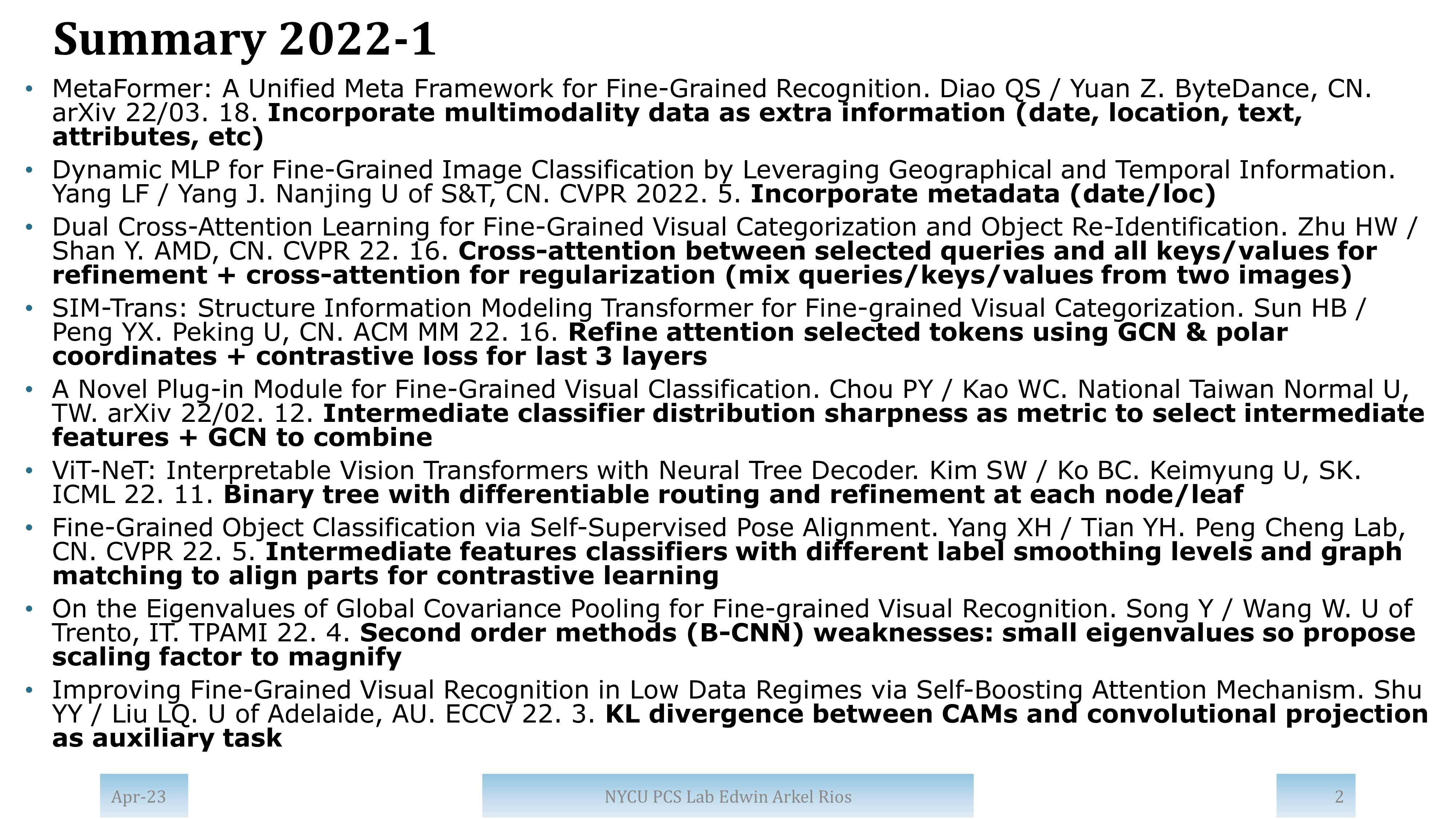 Summary of papers from 2022 with high impact and/or from top publication venues