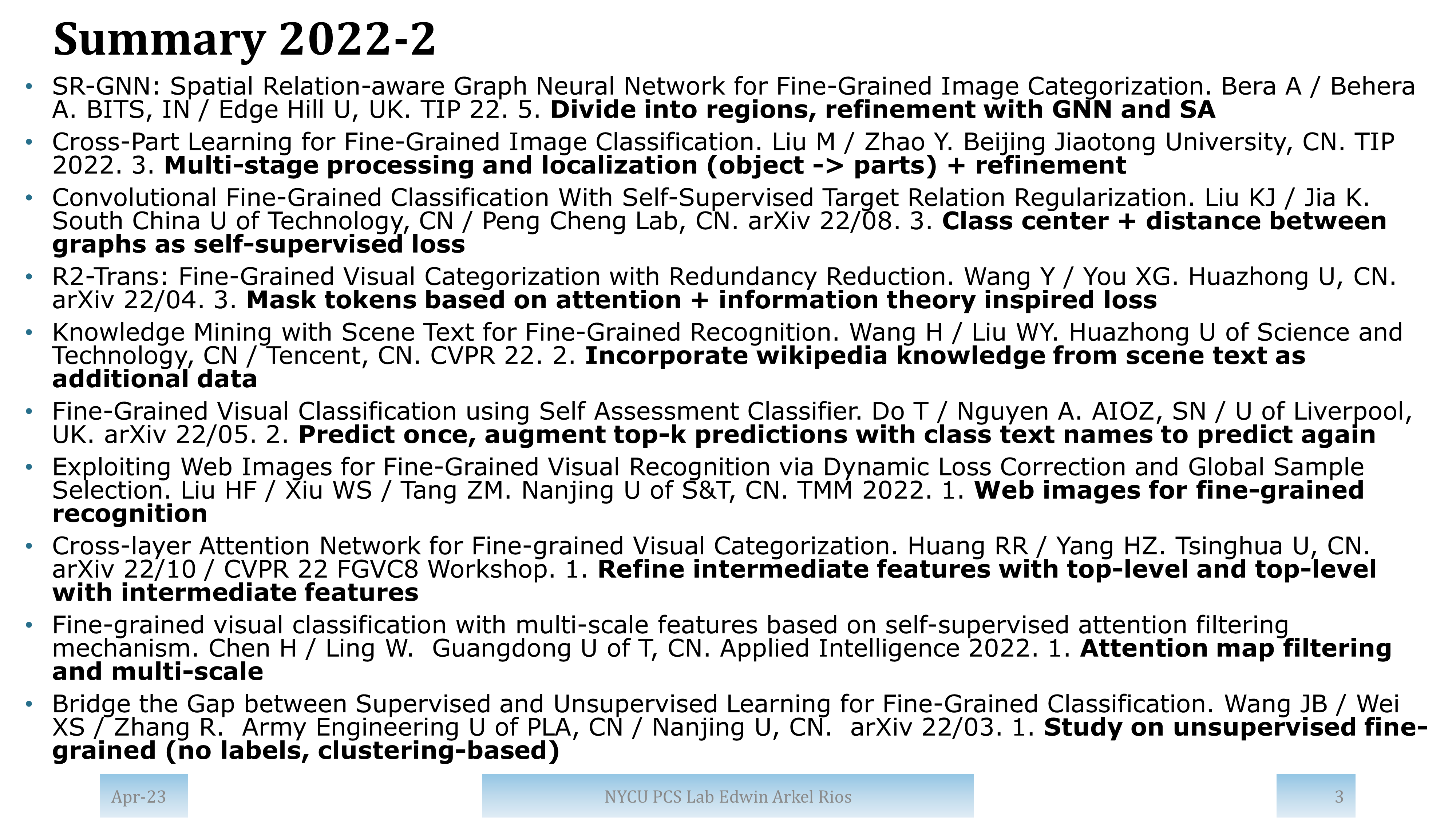 Summary of papers from 2022 with high impact and/or from top publication venues