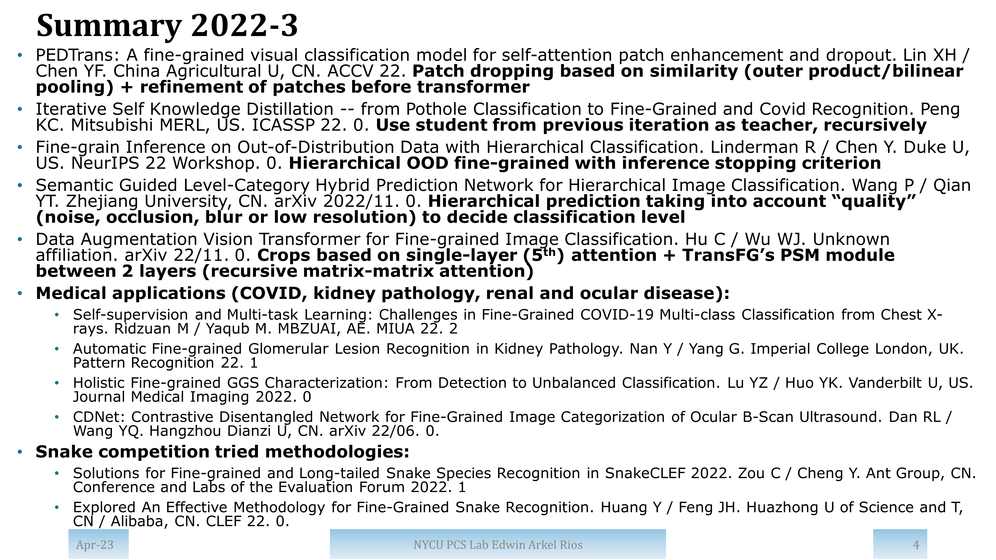 Summary of papers from 2022 with high impact and/or from top publication venues