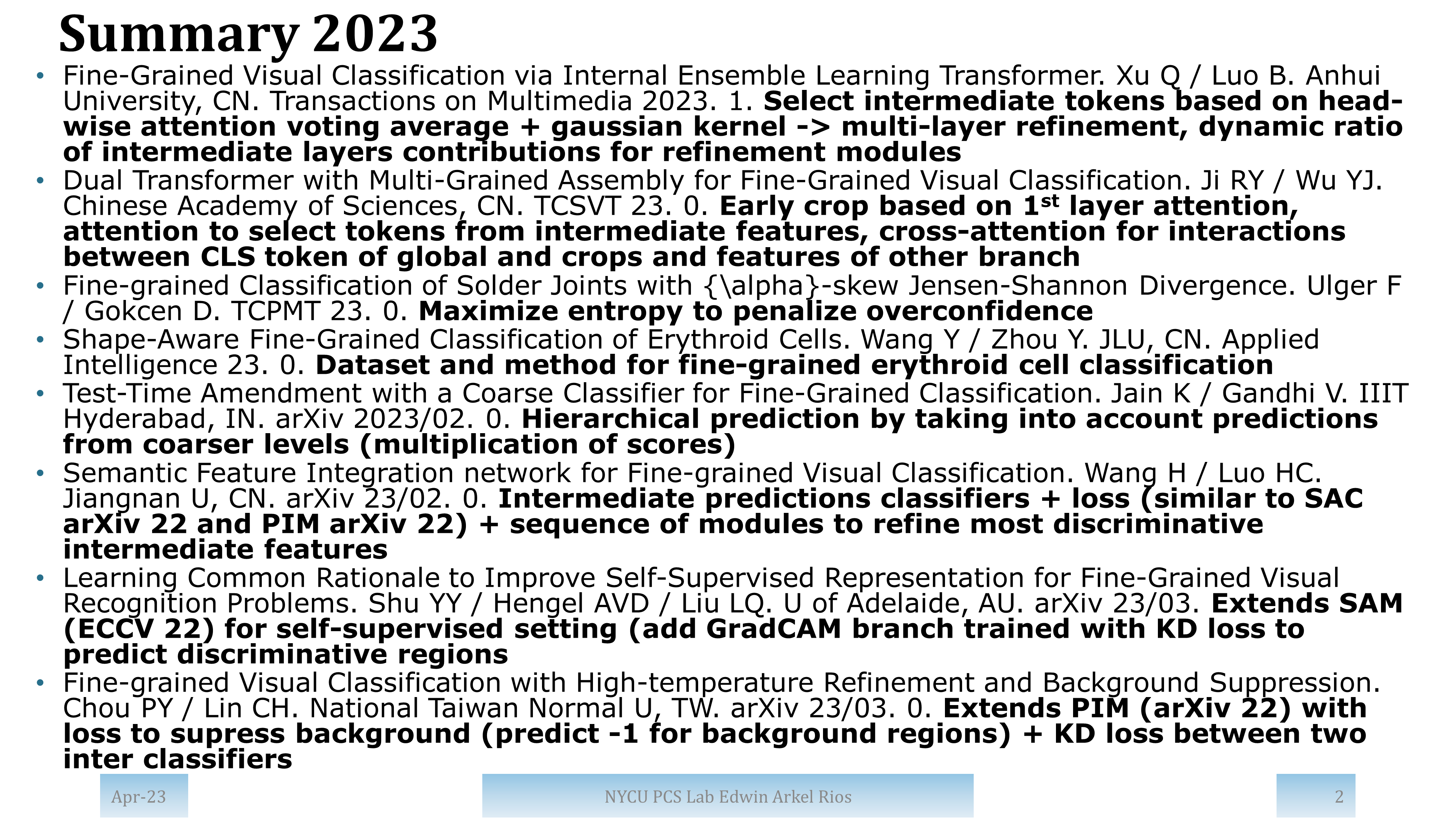 Summary of papers from 2023 with high impact and/or from top publication venues